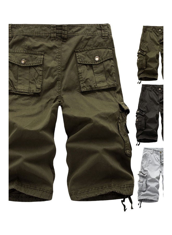 Men Casual Summer Solid Color Multi Pockets Fifth Cargo Pants Loose Beach Shorts Khaki