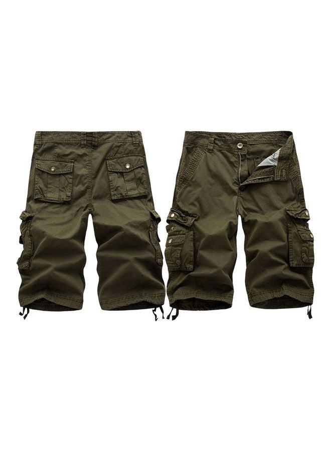Men Casual Summer Solid Color Multi Pockets Fifth Cargo Pants Loose Beach Shorts Khaki