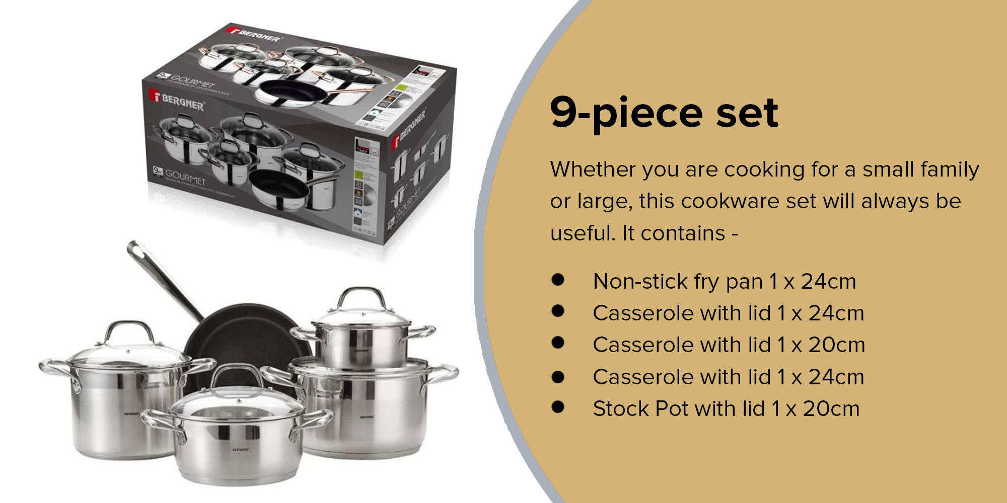 9-Piece Gourmet Cookware Set Silver/Black Non-stick Fry Pan 1x24, Casserole With Lid 1x24, Casserole With Lid 1x20, Casserole With Lid 1x24, Stock Pot With Lid 1x20cm