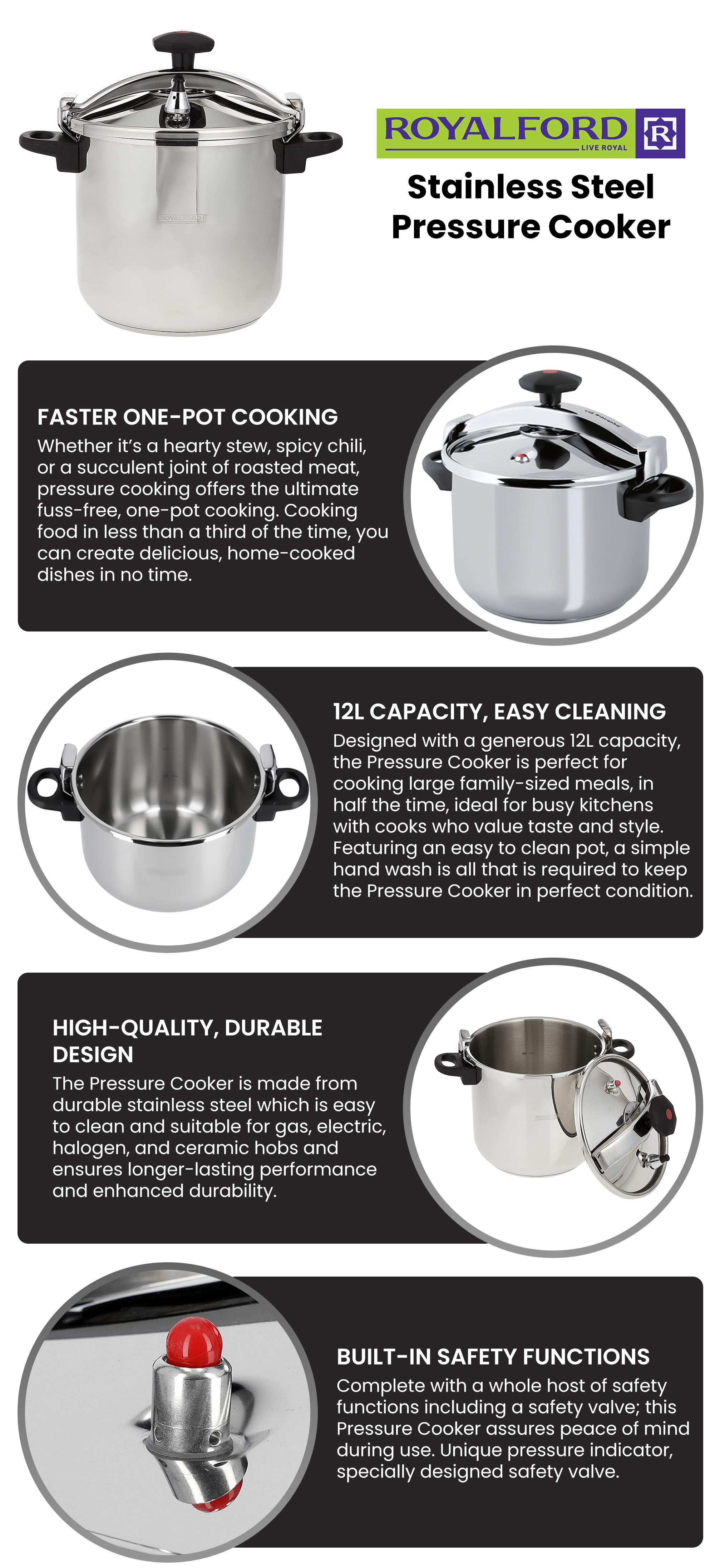 Stainless Steel 12Liters Pressure Cooker with Pressure Release System Silver 12Liters