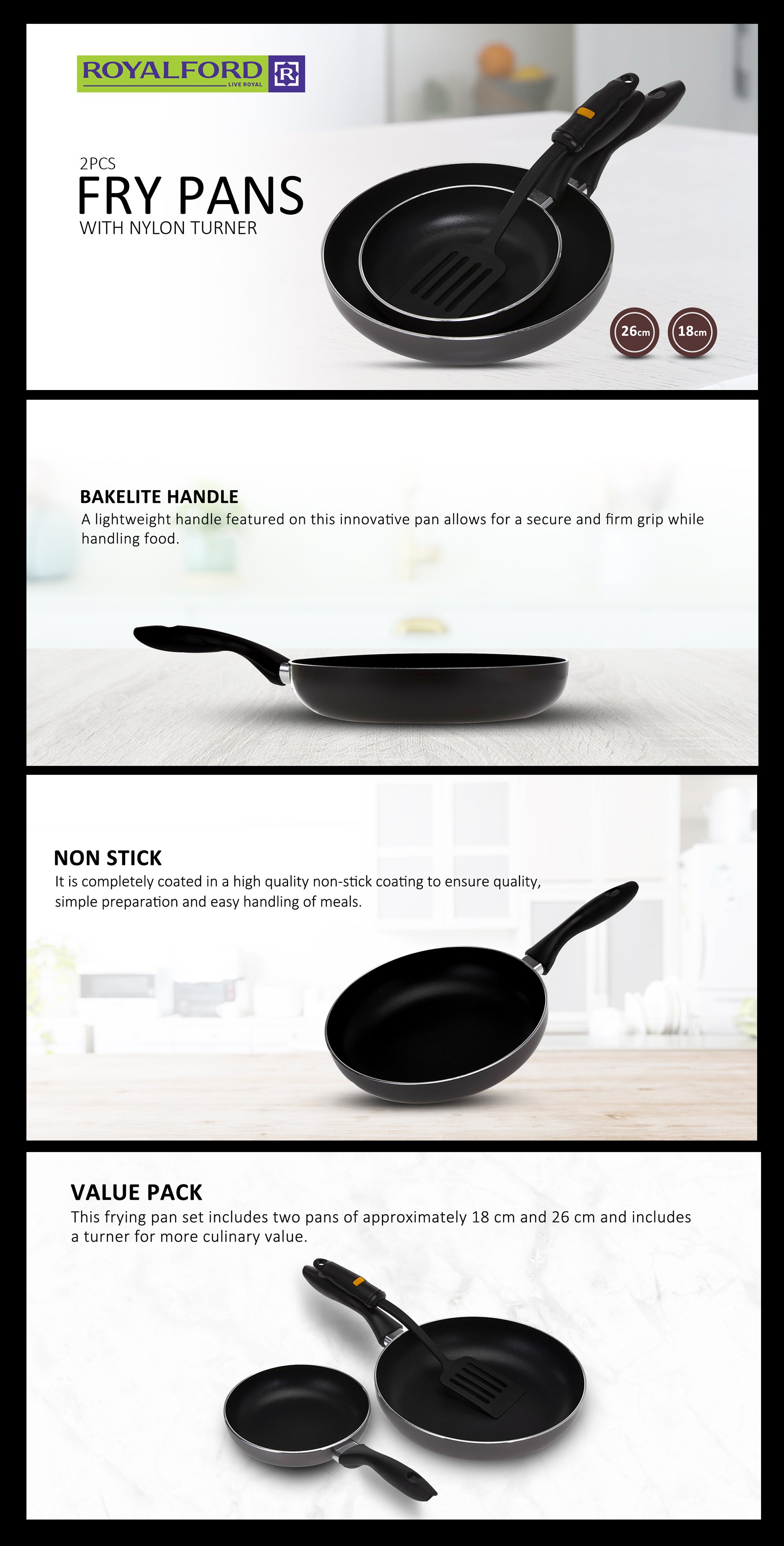 3-Piece Frying Pan Set Black 18,26cm