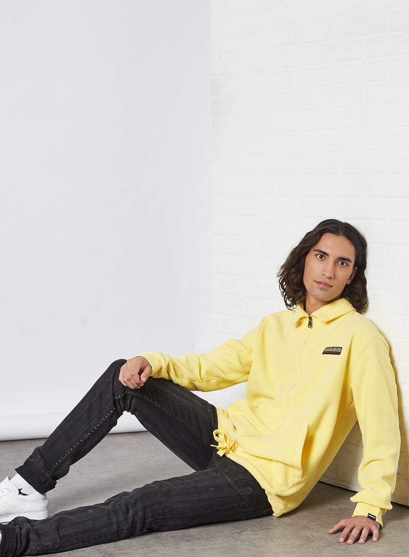 Waist Drawstring Dual Pocket Zip Through Hoodie Yellow Sunshine