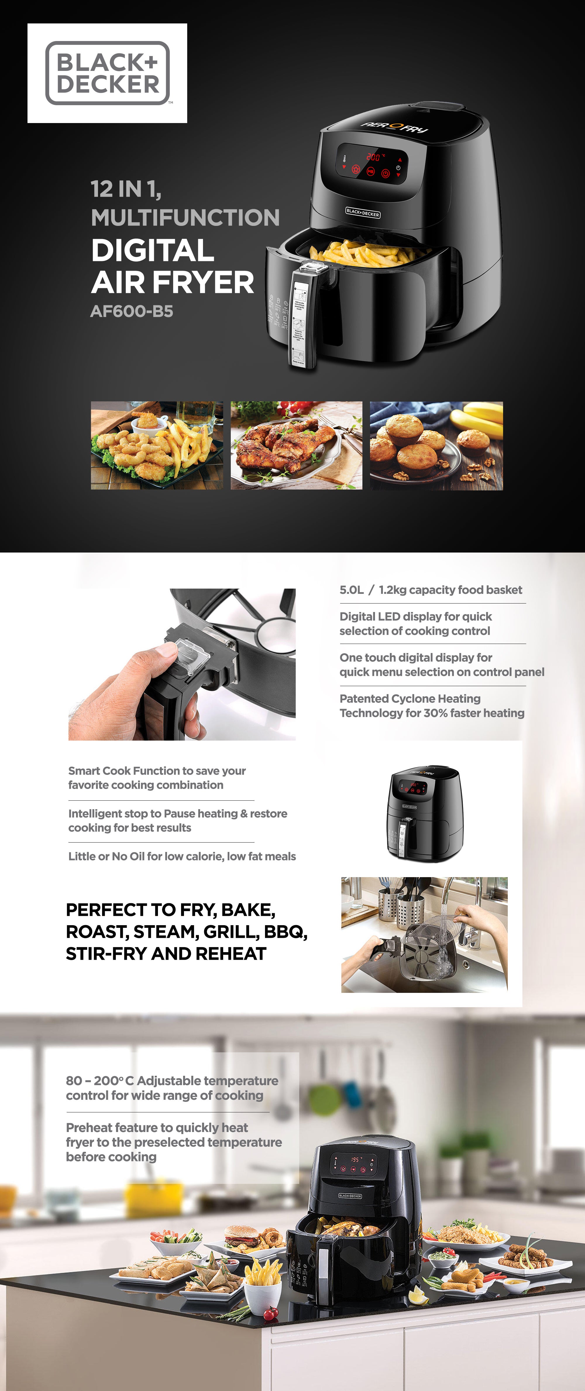 XL Digital Air Fryer With Rapid Hot Air Convection Technology For Frying, Grilling, Broiling, Roasting, and Baking 1.2KG/ 5.0 L 1500.0 W AF600-B5 Black