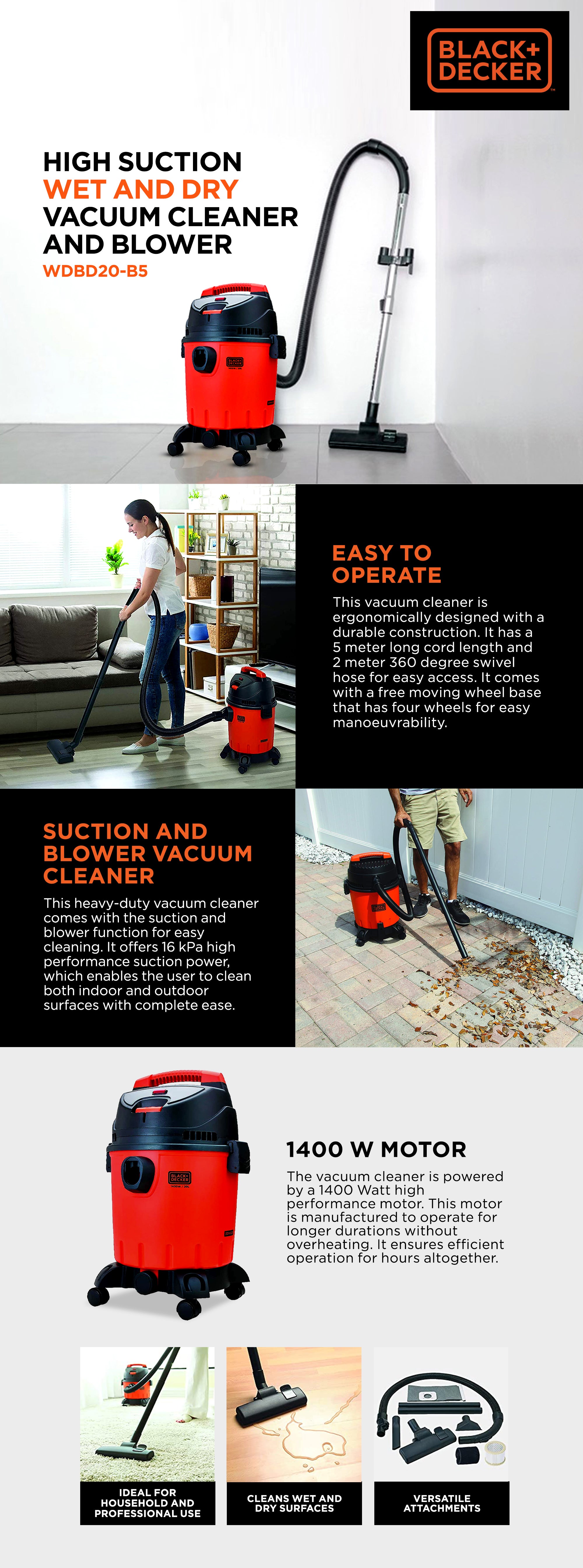 Drum Vacuum Cleaner With Wet And Dry Function 20 L 1400 W WDBD20-B5 Orange/Black