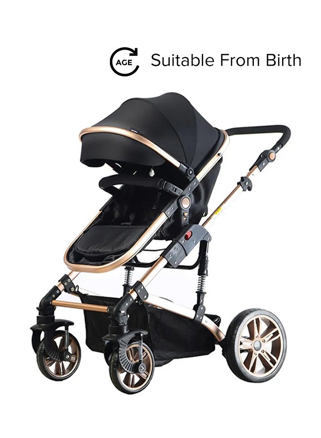 3 In 1 Pram Stroller Sleeping Bassinet Extra Wide Seat With Wide Canopy - Black