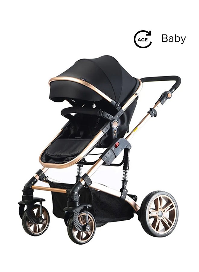 3 In 1 Pram Stroller Sleeping Bassinet Extra Wide Seat With Wide Canopy - Black