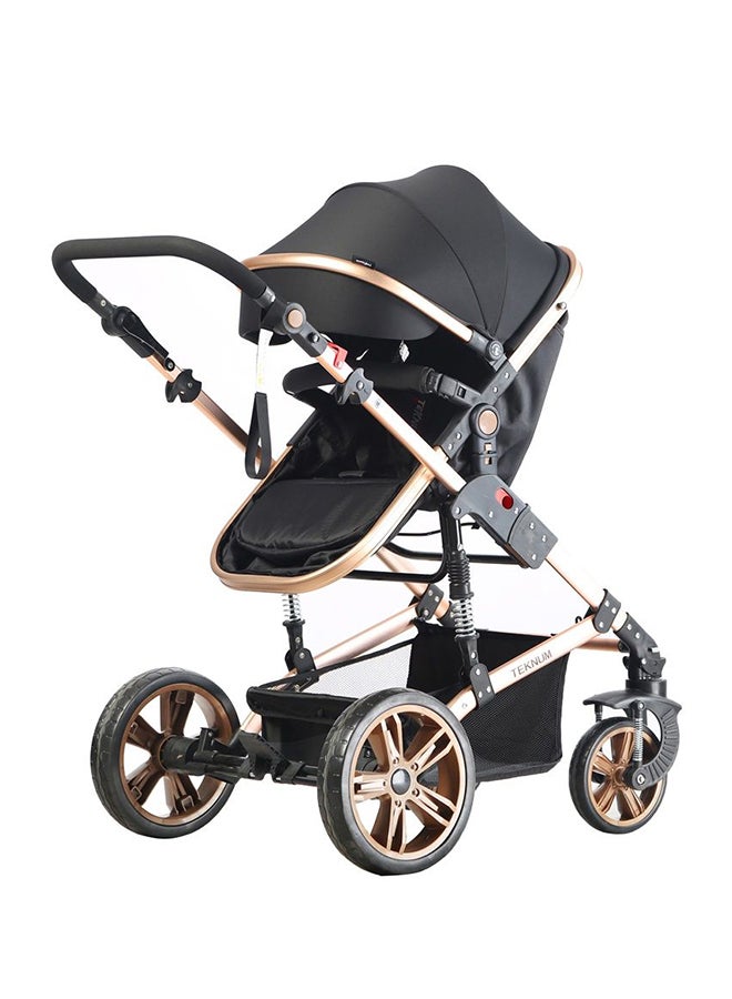 3 In 1 Pram Stroller Sleeping Bassinet Extra Wide Seat With Wide Canopy - Black