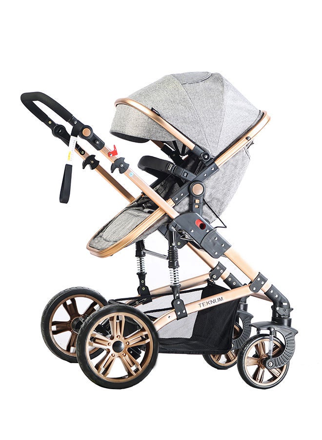 3 In 1 Pram Stroller Sleeping Bassinet Extra Wide Seat With Wide Canopy - Grey