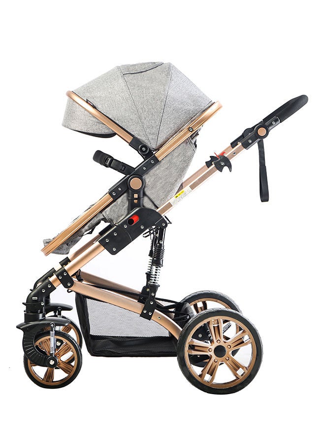 3 In 1 Pram Stroller Sleeping Bassinet Extra Wide Seat With Wide Canopy - Grey