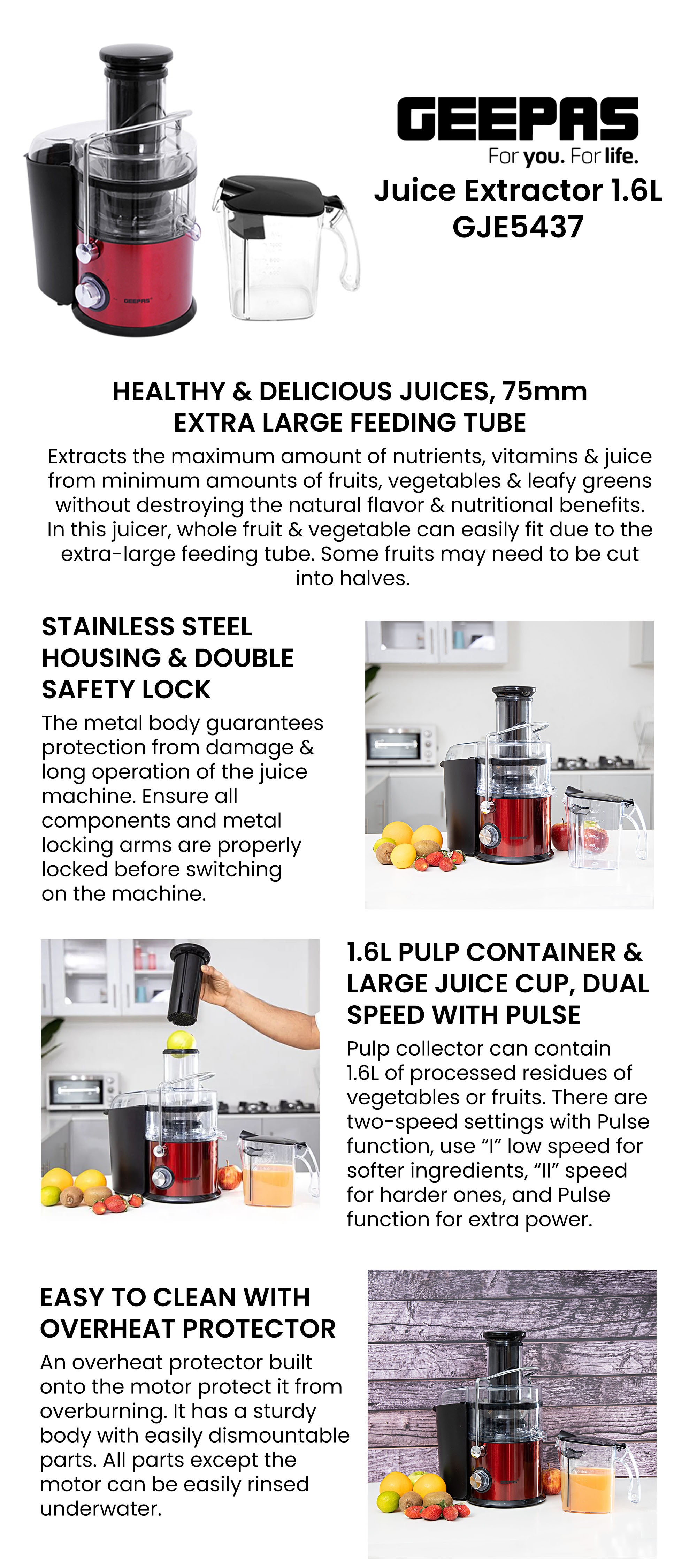 Centrifugal Juicer 2.2 L 800W |Pulp Container Machine Juice Extractor With 75MM Wide Mouth | 2 Speed, Stainless Steel Body, Non-Slip Feet 1.6 L 800 W GJE5437 Red/Black/Clear