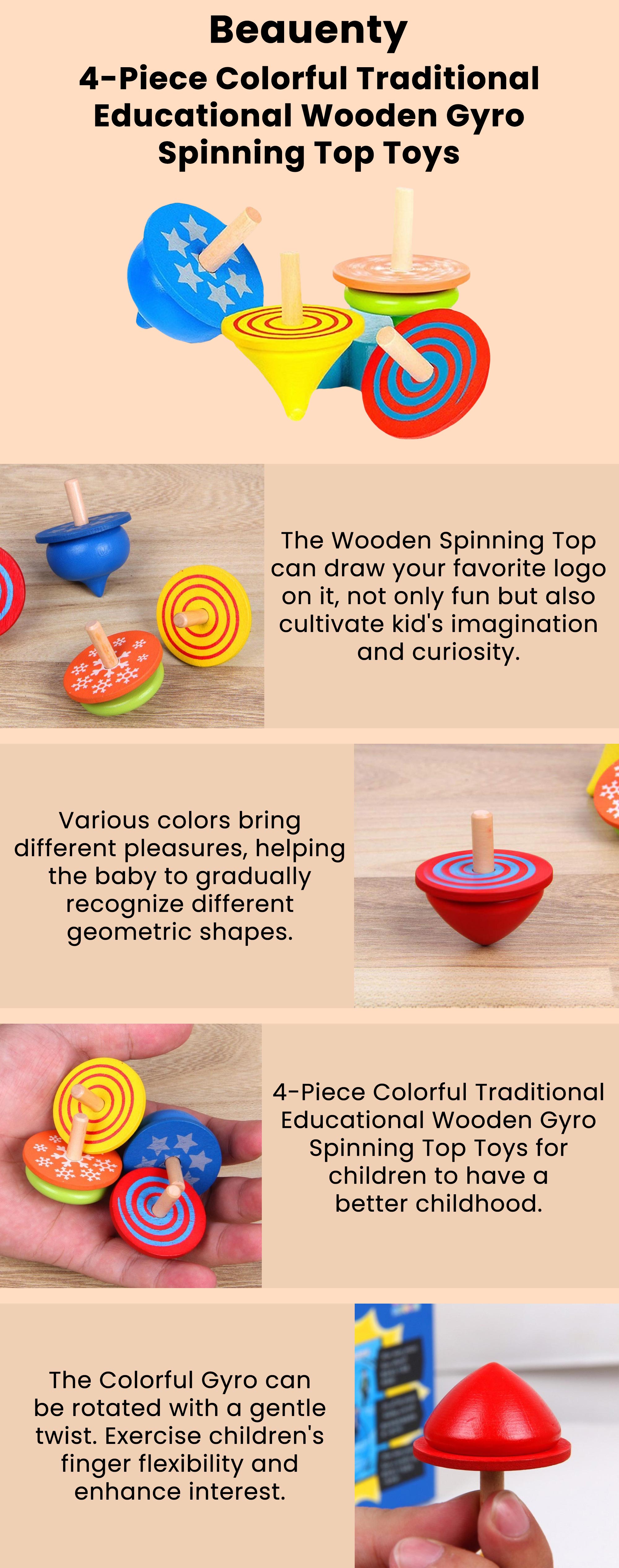 4-Piece Colorful Traditional Educational Wooden Gyro Spinning Top Toys