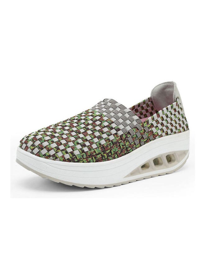 Textured Detail Round Toe Slip-On Shoes Green/White/Brown
