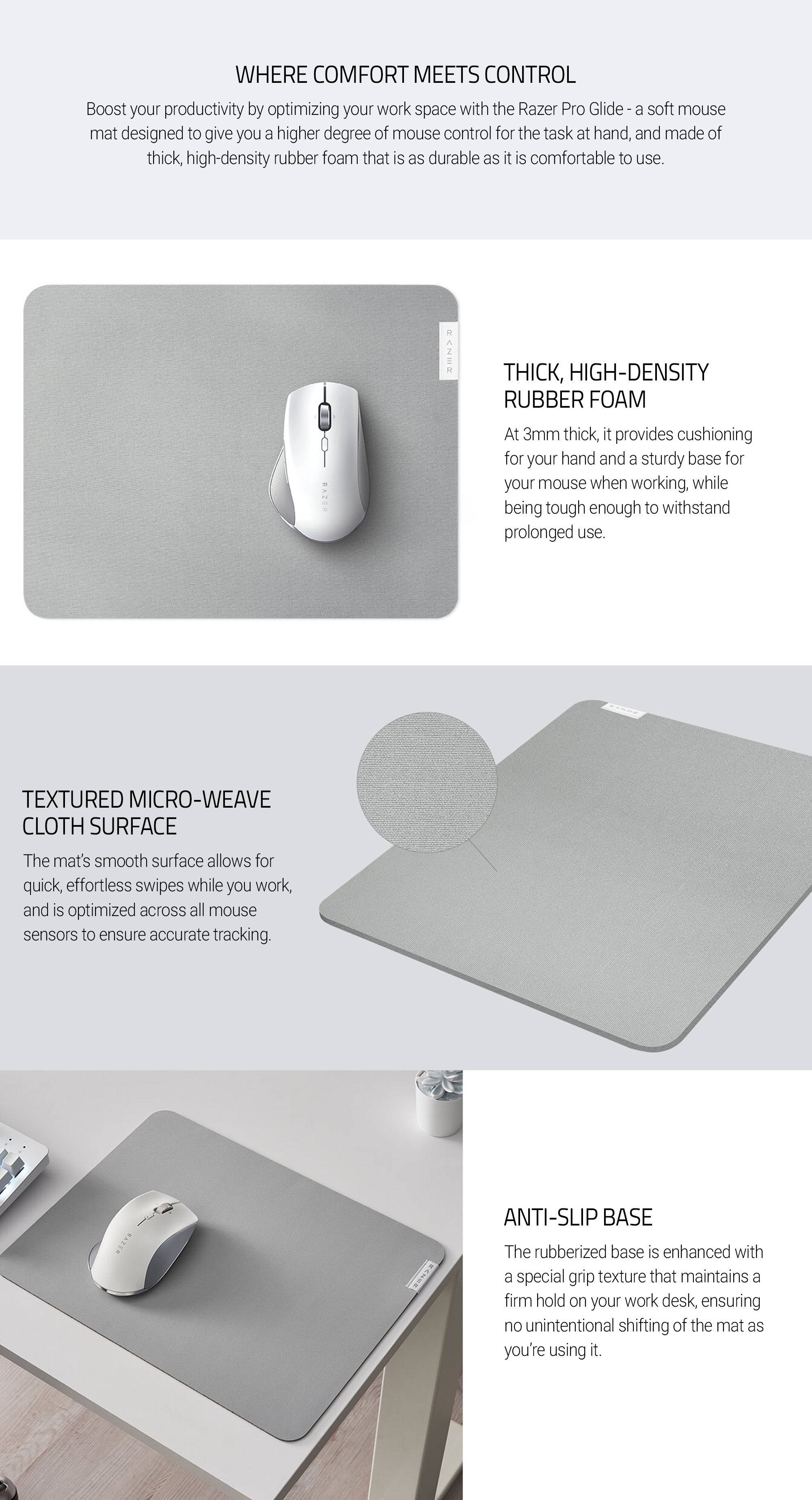 Razer Pro Glide Soft Mouse Mat Medium Size, Thick, High-Density Rubber Foam, Textured Micro-Weave Cloth Surface, Anti-Slip Base - Mercury White