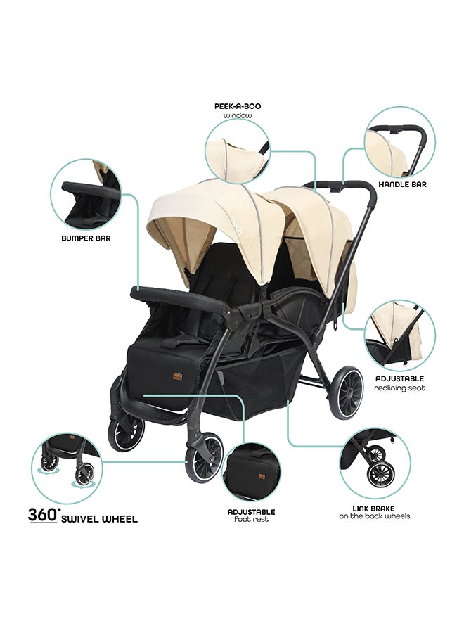 Dois - Twin Stroller - Beige, Twin Baby Stroller Pram