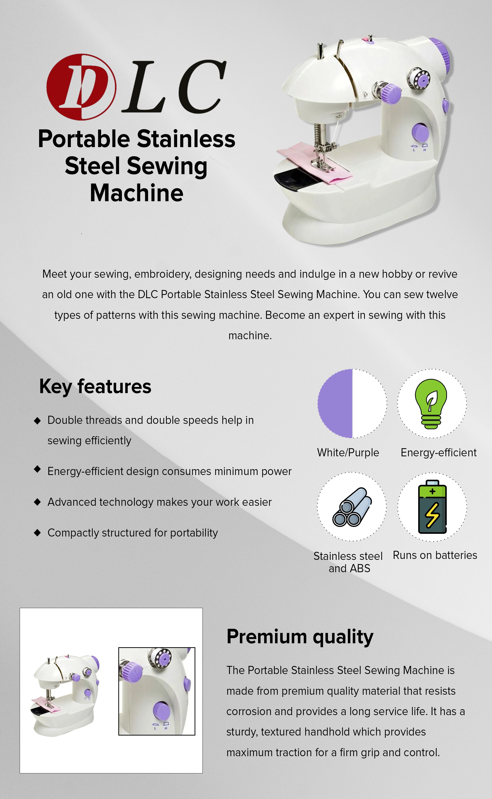 Portable Stainless Steel Sewing Machine SM-202A White/Purple