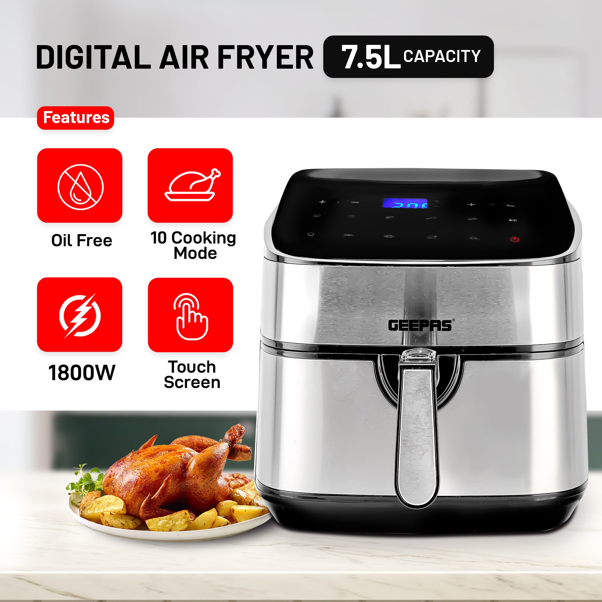 Digital Air Fryer 7.5 L Capacity With 5.5 L Inner Basket| Equipped With Vortex Air Frying Technology Digital Display With Touch Screen 7.5 L 1800 W GAF37530UK Black and Silver