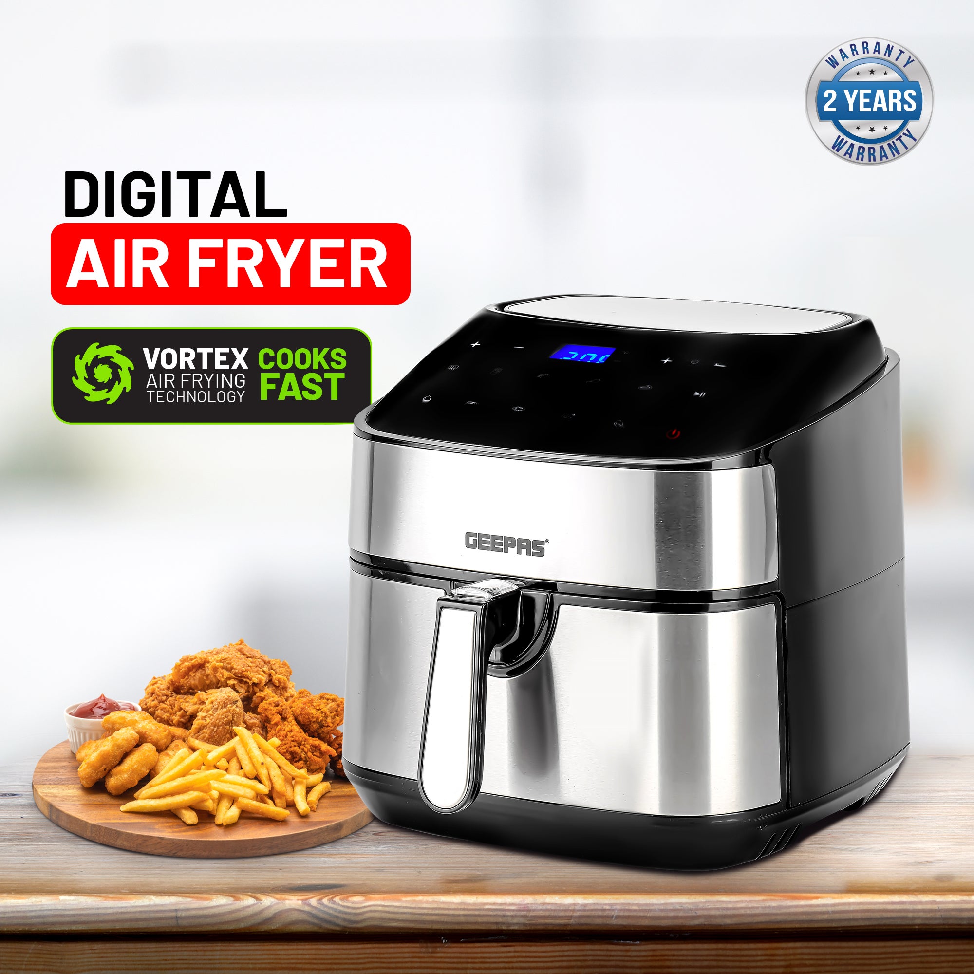 Digital Air Fryer 7.5 L Capacity With 5.5 L Inner Basket| Equipped With Vortex Air Frying Technology Digital Display With Touch Screen 7.5 L 1800 W GAF37530UK Black and Silver