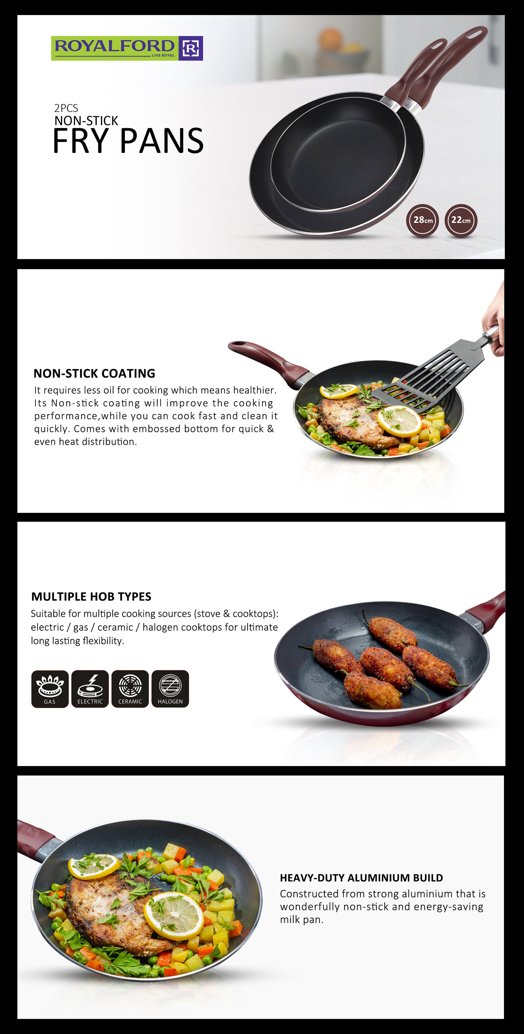 2Pcs Non-Stick Fry Pan Set 2.5Mm Thickness Press Aluminium Material Cd Bottom Strong Bakelite Handle 3 Layer Durable Non-Stick Coating Multicolour 28 & 22 Cmcm