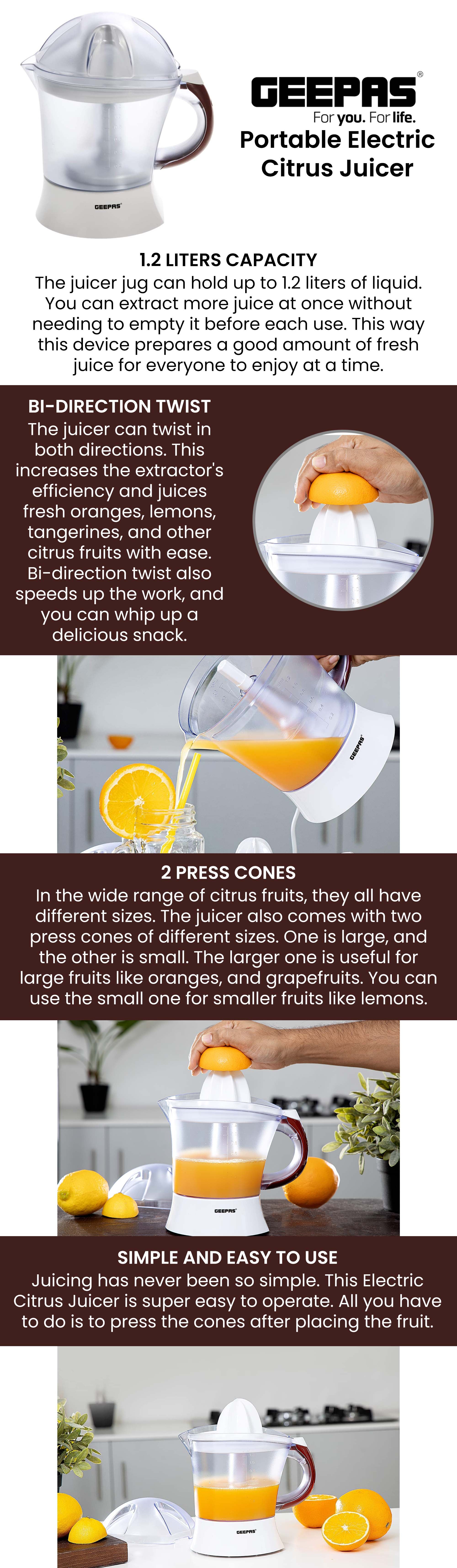 25 Watt Citrus Juicer - Quick, Healthy, Nutritious Juices - Effortless Juicer With 2 Cones, Bi-Direction Twist, 1.2 Liter Capacity | 2-Years Warranty 1.2 L 25 W GCJ5384 White