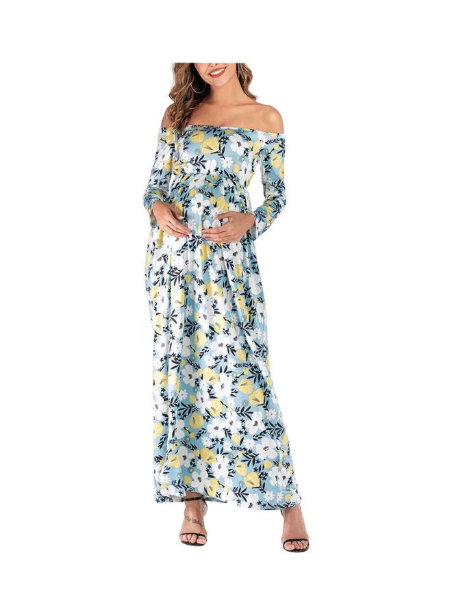 Floral Printed Long Sleeves Maternity Dress Blue/White/Green