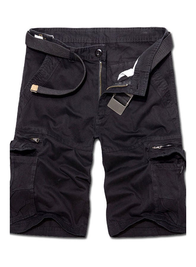 Men Casual Solid Color Breathable Multi Pockets Short Cargo Pants Beach Shorts Black
