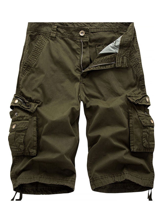 Men Casual Summer Solid Color Multi Pockets Fifth Cargo Pants Loose Beach Shorts Green