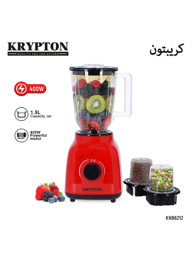 3 In 1 Multi-Functional Blender with 2-Speed Settings for Smoothies, Juicing, Blending, Grinding & Chopping, Unbreakable PC Jar, Speed Control with Pulse, Stainless Steel Cutting Blade & Over Heat Protection 1.5 L 400 W KNB6212 Red