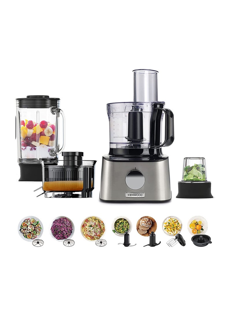Food Processor  Multi-Functional With 3 Stainless Steel Disks, Glass Blender, Glass Mill, Juicer Extractror, Dual Metal Whisk, Dough Maker, Citrus Juicer 800 W FDM307SS Silver/Clear