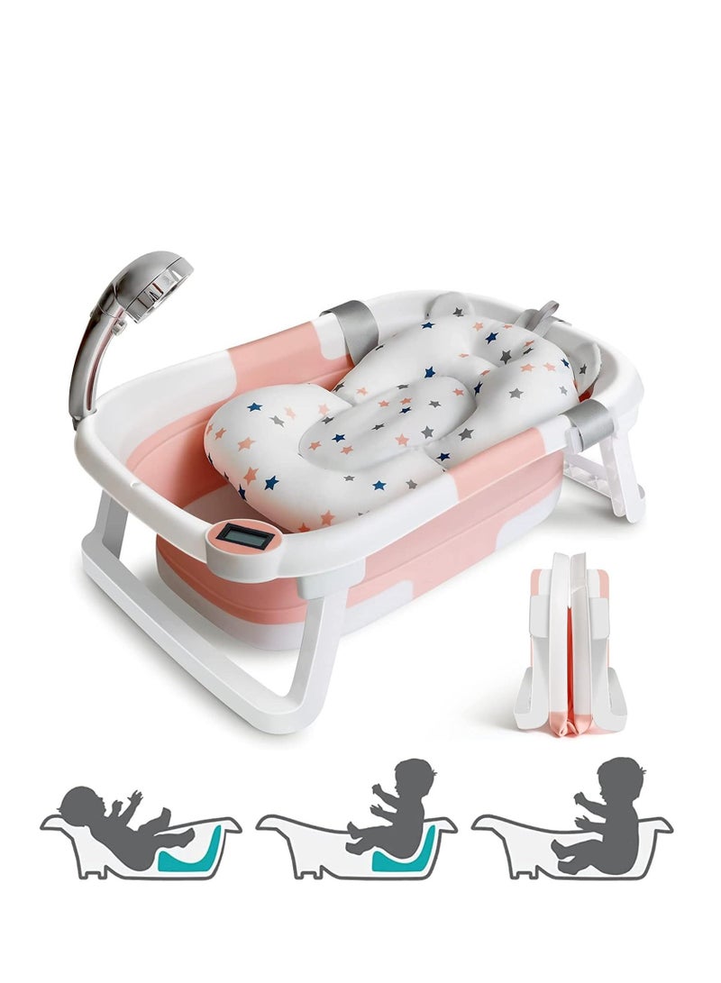 Baby Folding Bathtub, Portable Collapsible Toddler Bath Tub With Baby Cushion Temperature Sensor Drain Hole and Bath for Newborn/Infant/Toddler, Sitting Lying Large Safe Bathtub Pink