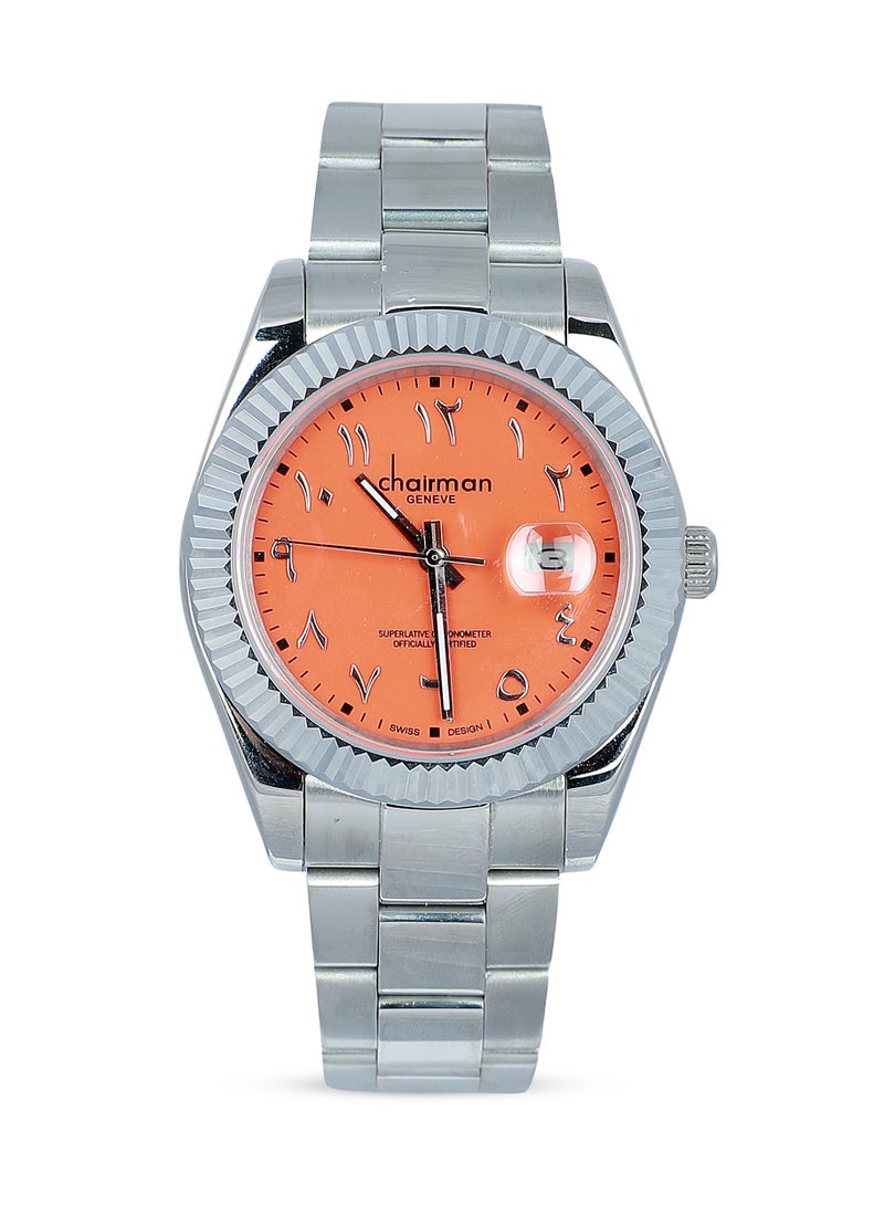 Men's Stainless Steel Silver Wrist Watch with Orange Dial and Arabic Numbers with Date