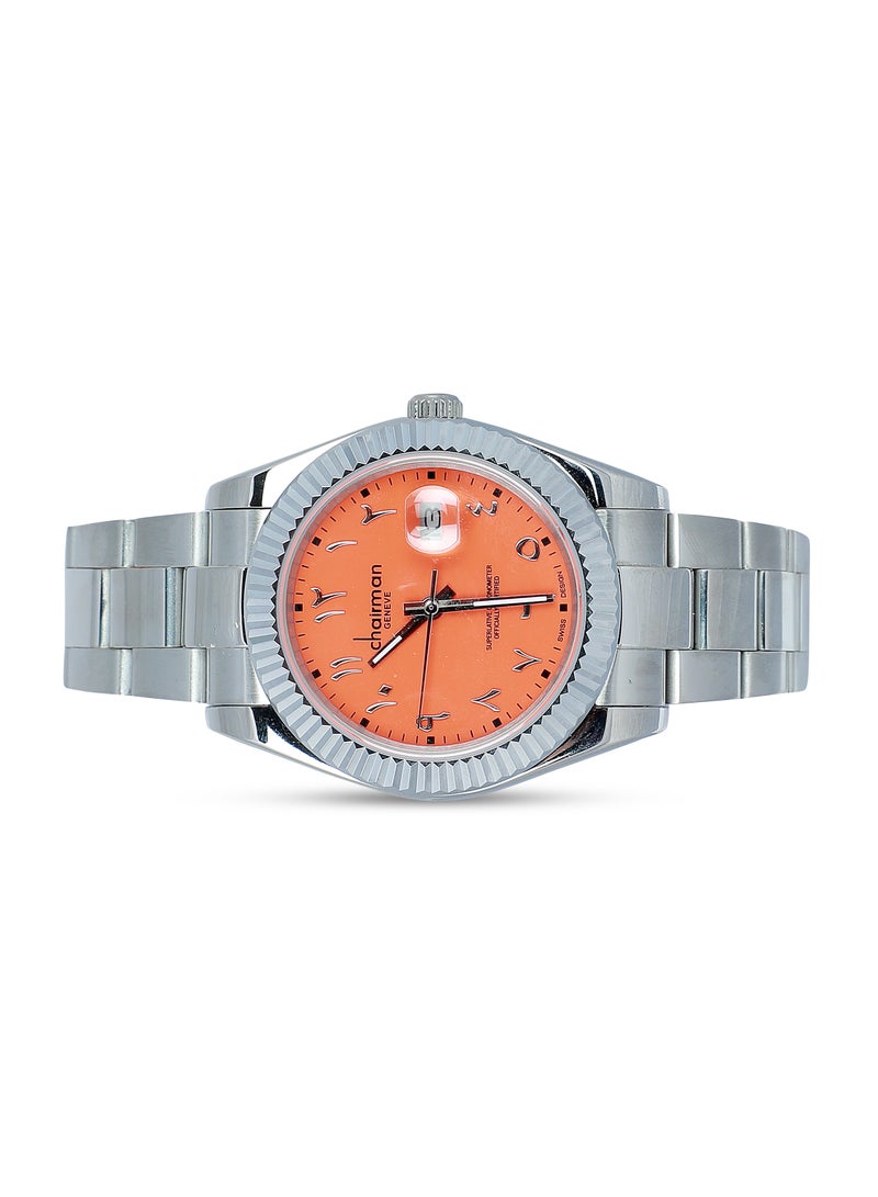 Men's Stainless Steel Silver Wrist Watch with Orange Dial and Arabic Numbers with Date