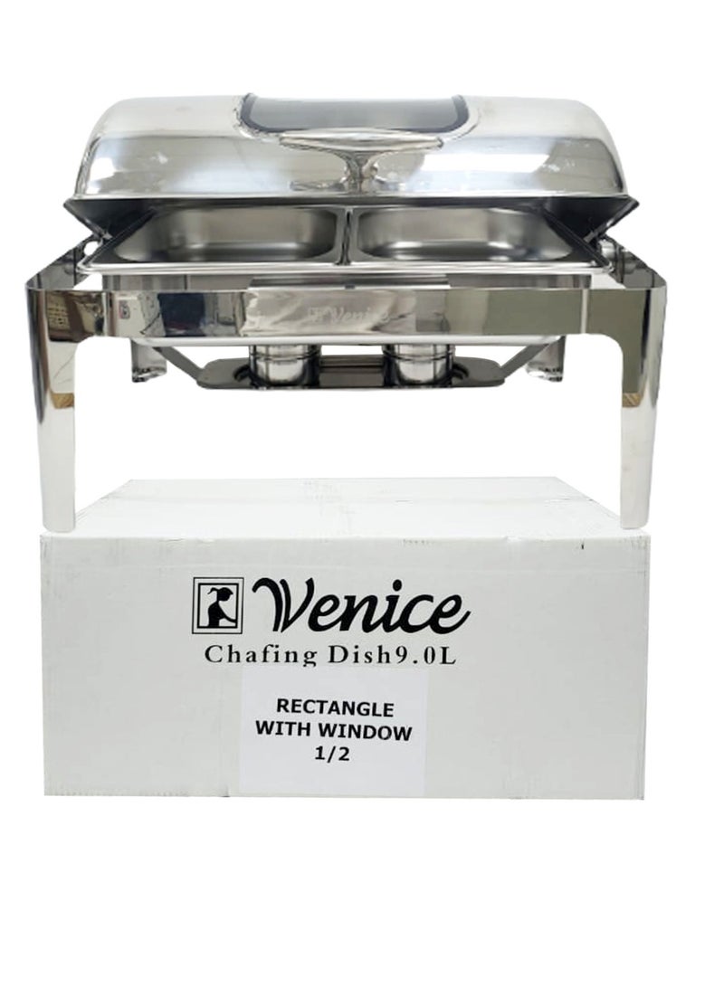 Roll Top Chafing Dish  With Window  Double Compartment Silver 9 Ltr