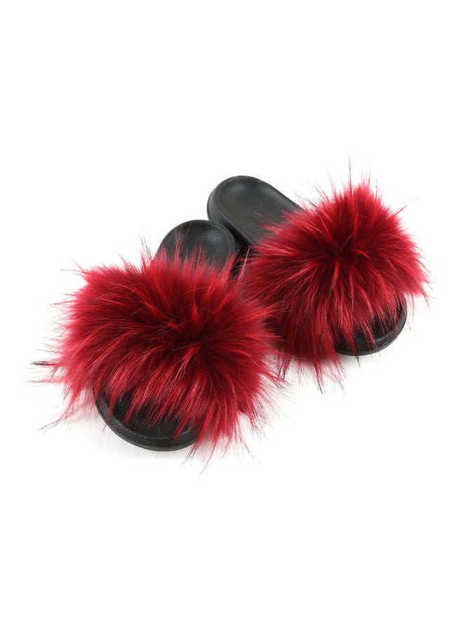 Women Long Faux Raccoon Fur EVA Sandals Red/Black