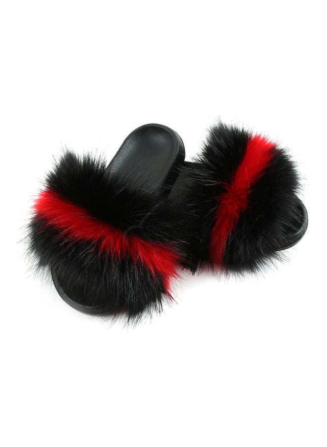Stylish Women Faux Fur Non Slip Flat Slippers Black/Red