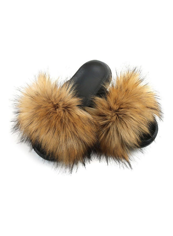 Fashion Women Long Faux Raccoon Fur Anti-slip EVA Slippers Brown/Black