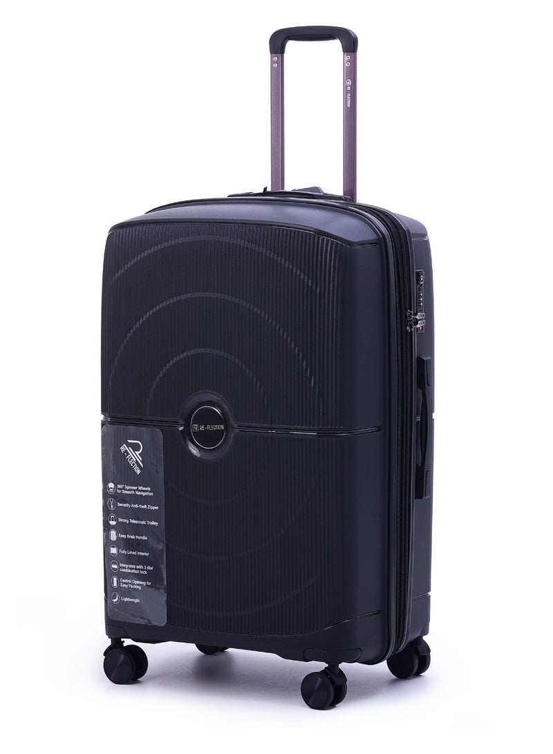 REFLECTION High Quality PP Checked Suitcase Lightweight Hardshell Durable Expandable Vertical Series Travel Luggage Trolley with Double Spinner Wheels and TSA Lock Black 24
