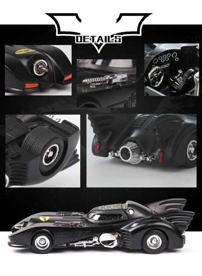 1989 Batmobile Model Toy, 1/38  Diecast Alloy Car Models for Vintage Bat Chariot Classic Car, with Light and Pull Back Model Car, Alloy Collectible Toy (Black)