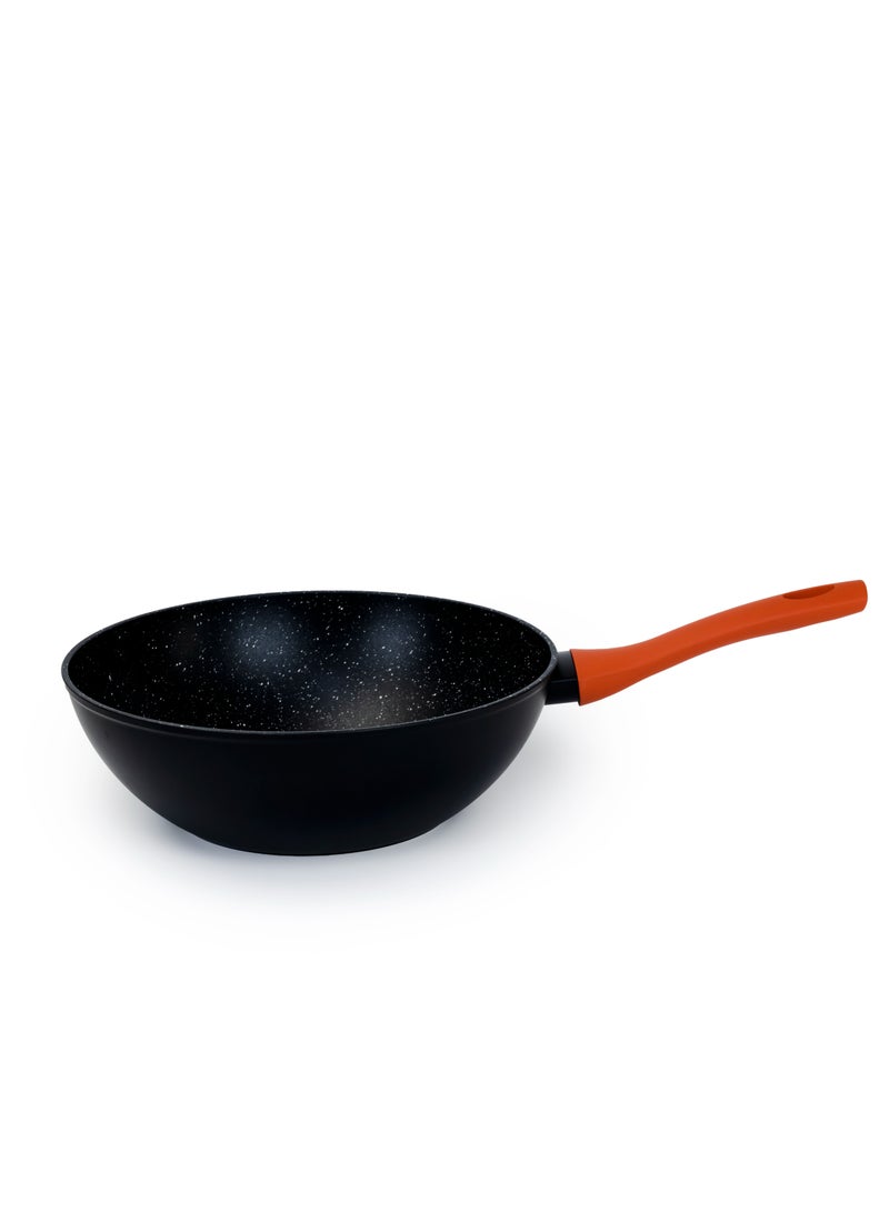 Aluminum Wok Pan 28x13cm with Marble Coating Silicon Handle and Induction Bottom