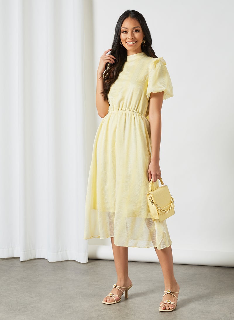 Textured Puff Sleeve Dress Yellow