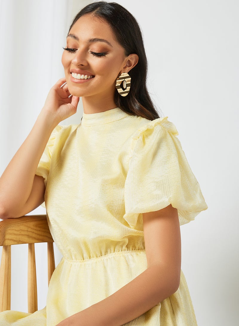 Textured Puff Sleeve Dress Yellow