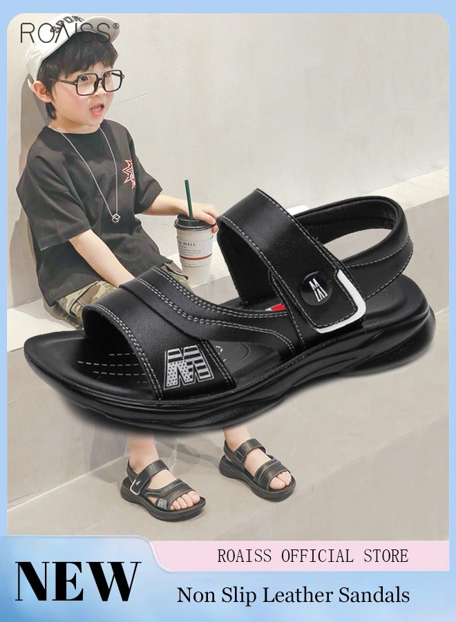 Boys' Leather Open Toe Sandals Non Slip Soft Sole Velcro Beach Shoes Durable Summer Student Leather Sandals