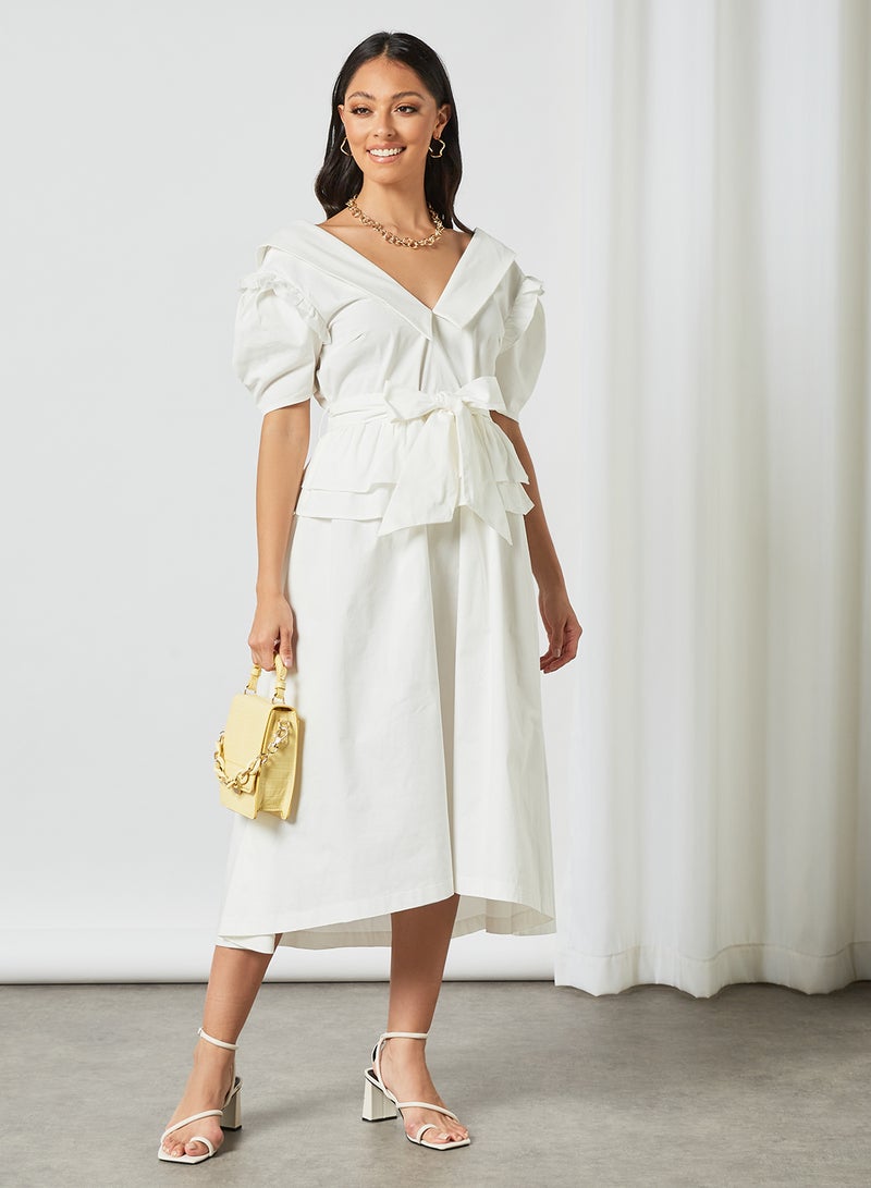 Tie Waist Poplin Midi Dress White