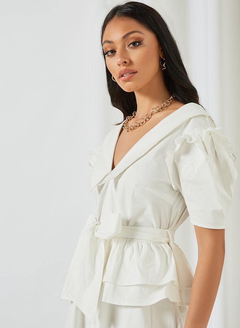 Tie Waist Poplin Midi Dress White