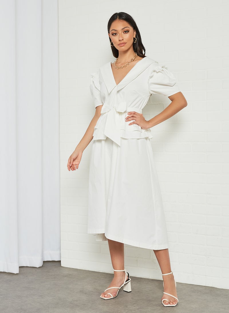 Tie Waist Poplin Midi Dress White