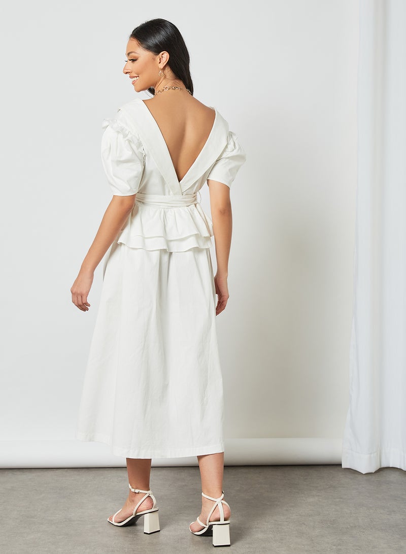 Tie Waist Poplin Midi Dress White
