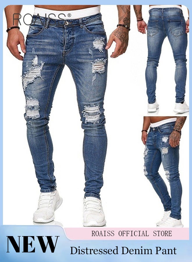 Men'S Fashionable Ripped Tight Jeans Casual Versatile Elastic Pencil Pants With Classic Five Pocket Design