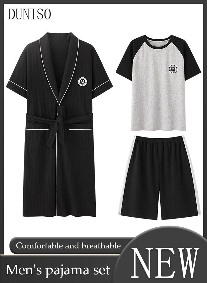 3 Piece Men' s Pajamas Set Long Robe Sleepwear Suit with Short Sleeves and Shorts Cotton Home Wear Males Soft Night Wear set Loungewear