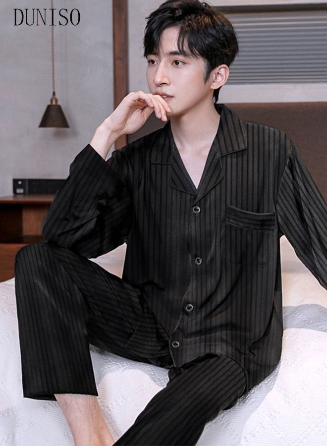 2-piece Men' s Pajama Sets Silk Satin Sleepwear Fashion Loungewear Nightwear Long Sleeve Notch Neck Shirt with Button Down and Waist Elastic Pants Pajama Set for Men