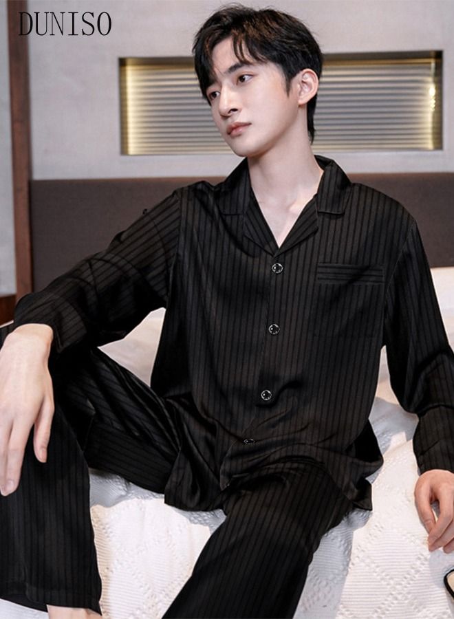 2-piece Men' s Pajama Sets Silk Satin Sleepwear Fashion Loungewear Nightwear Long Sleeve Notch Neck Shirt with Button Down and Waist Elastic Pants Pajama Set for Men