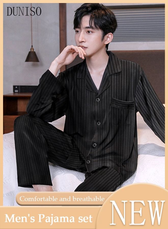 2-piece Men' s Pajama Sets Silk Satin Sleepwear Fashion Loungewear Nightwear Long Sleeve Notch Neck Shirt with Button Down and Waist Elastic Pants Pajama Set for Men